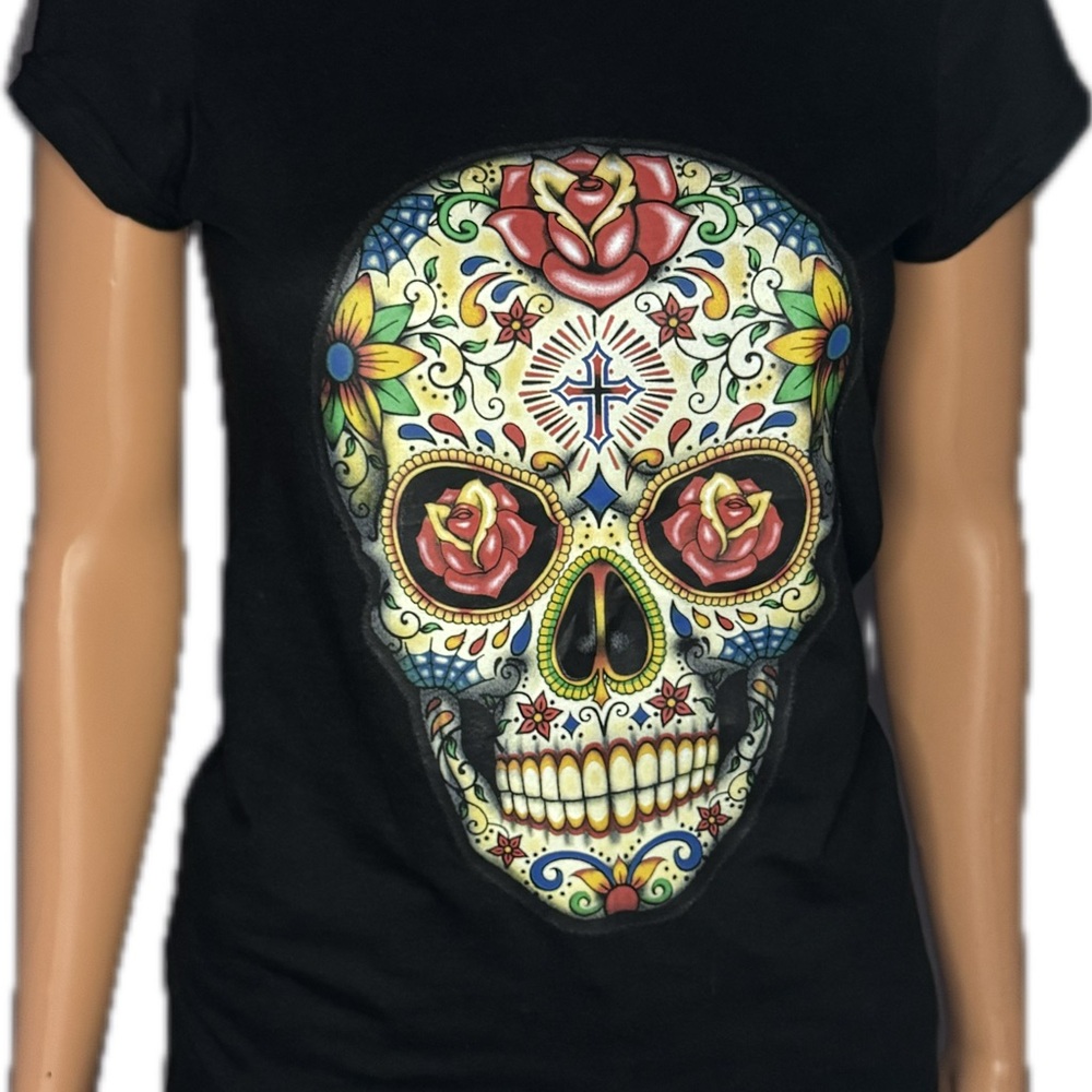 Black T-Shirt with Colorful Skull Design